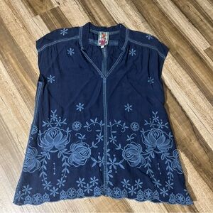 Johnny Was Navy Blue Floral Blouse
